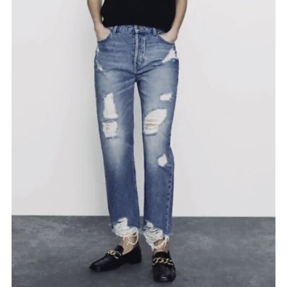 ZARA High Rise Straight Distressed Ripped Chewed Hem Jeans Pepper Mom 30x27 M - Picture 1 of 9